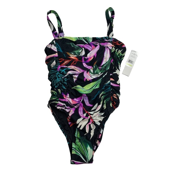 Carmen Marc Valvo Ruched One Piece Swimsuit Organic Bloom Black Floral 4 New - Picture 1 of 7